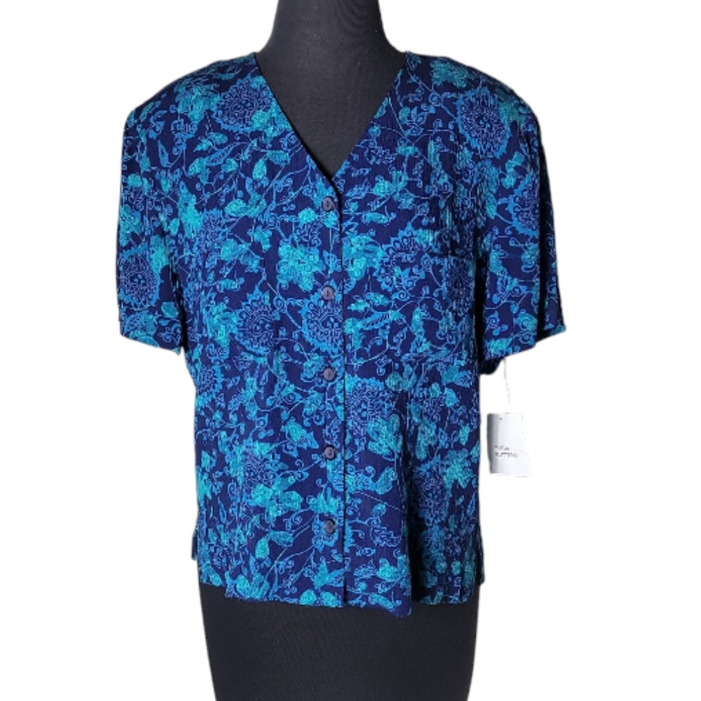 Norton McNaughton paisley floral top women's medium blue v neck button front